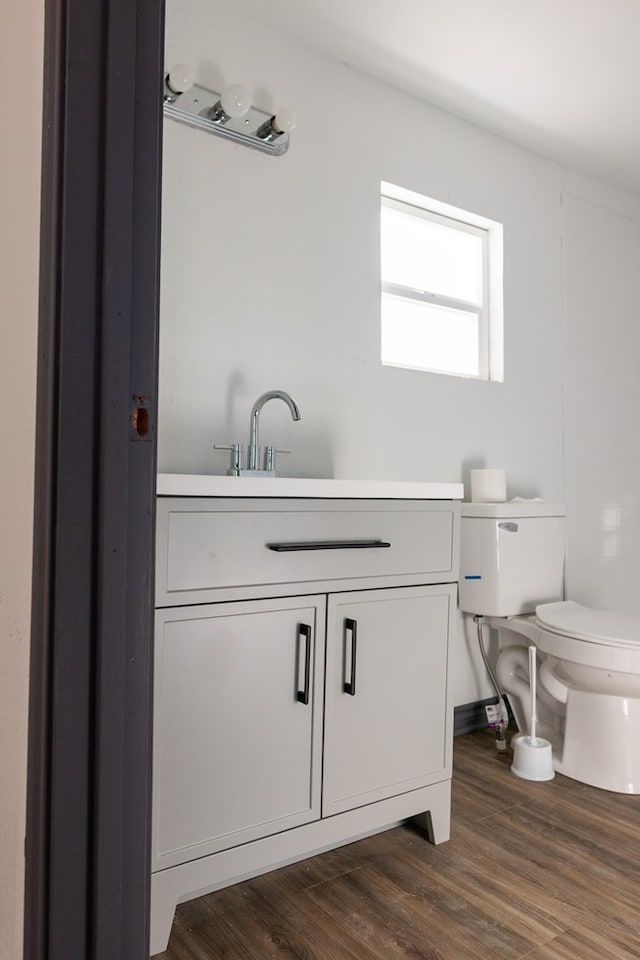 bathroom with vanity, hardwood / wood-style floors, and toilet