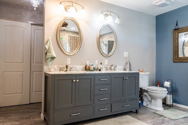 bathroom featuring vanity, wood-type flooring, and toilet