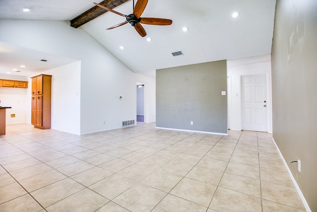 1617 Idaho Ave, San Angelo, TX 76904 - empty room with a ceiling fan, beamed ceiling, high vaulted ceiling, recessed lighting, and light tile patterned flooring
