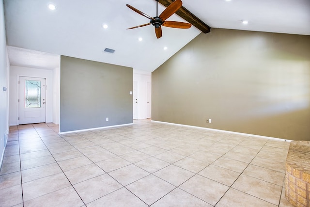 1617 Idaho Ave, San Angelo, TX 76904 - unfurnished room with a ceiling fan, recessed lighting, beam ceiling, light tile patterned floors, and high vaulted ceiling