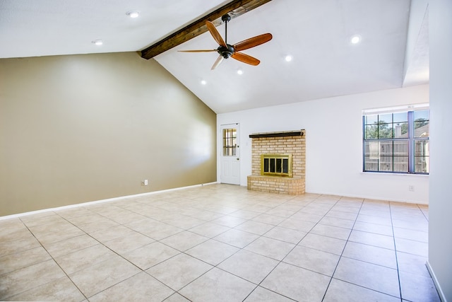 1617 Idaho Ave, San Angelo, TX 76904 - unfurnished living room featuring beamed ceiling, ceiling fan, light tile patterned floors, high vaulted ceiling, and a brick fireplace