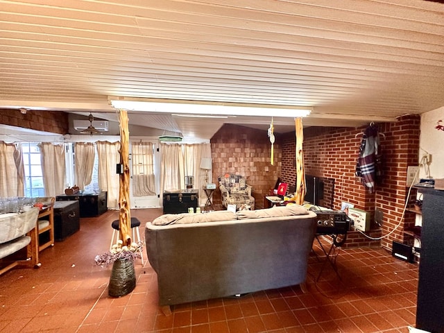 interior space featuring tile patterned floors and brick wall