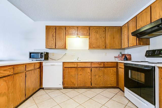 kitchen with electric stove, a textured ceiling, ventilation hood, and dishwasher