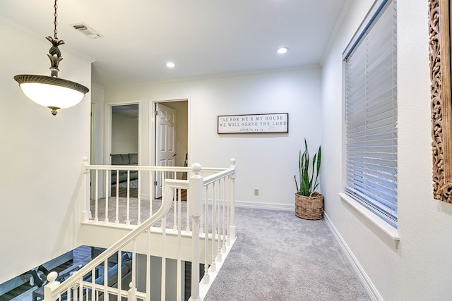2805 Alta Vista Ln, San Angelo, TX 76904 - hall with an upstairs landing, carpet flooring, crown molding, and recessed lighting