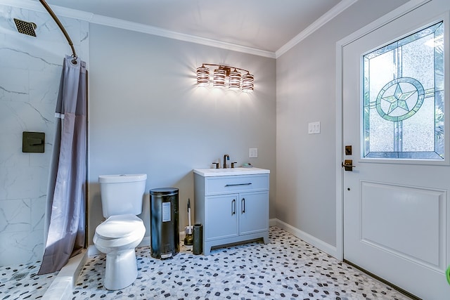 bathroom featuring ornamental molding, vanity, toilet, and a shower with shower curtain