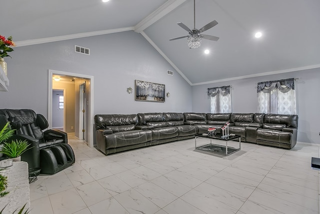 living room with high vaulted ceiling, ornamental molding, and ceiling fan