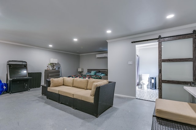 living room with ornamental molding, a barn door, and a wall mounted AC