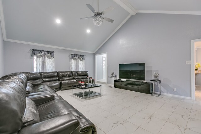 living room with crown molding, ceiling fan, high vaulted ceiling, and beamed ceiling