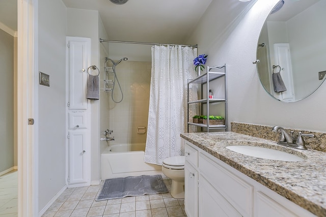 full bathroom with shower / bath combination with curtain, tile patterned floors, toilet, and vanity