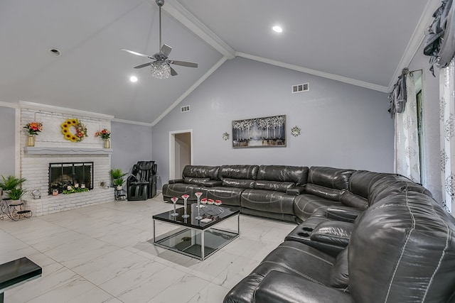 living room with ceiling fan, ornamental molding, a fireplace, and high vaulted ceiling