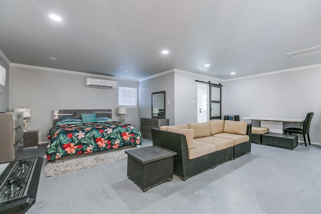 bedroom featuring ornamental molding, a barn door, and an AC wall unit