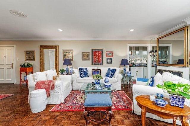 living room with crown molding and dark parquet floors