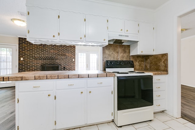 2410 Louise Dr, San Angelo, TX 76901 - kitchen with range with electric cooktop, under cabinet range hood, white cabinets, ornamental molding, and backsplash