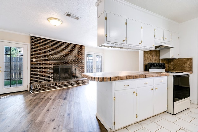 2410 Louise Dr, San Angelo, TX 76901 - kitchen featuring range with electric stovetop, under cabinet range hood, white cabinetry, healthy amount of natural light, and ornamental molding