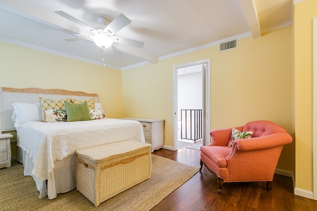 4918 Blue Ridge Trl, San Angelo, TX 76904 - bedroom featuring visible vents, ornamental molding, wood finished floors, baseboards, and a ceiling fan