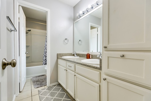 full bathroom with vanity, toilet, tile patterned floors, and shower / tub combo with curtain