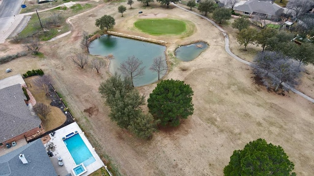 bird's eye view with golf course view and a water view