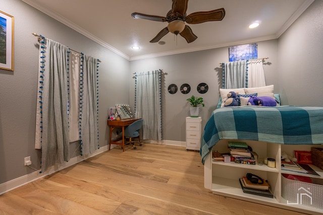 bedroom featuring crown molding, ceiling fan, and hardwood / wood-style flooring