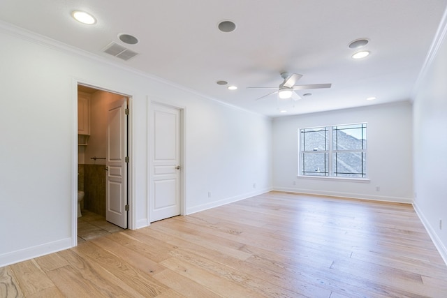unfurnished bedroom with light wood-type flooring, visible vents, recessed lighting, and ornamental molding