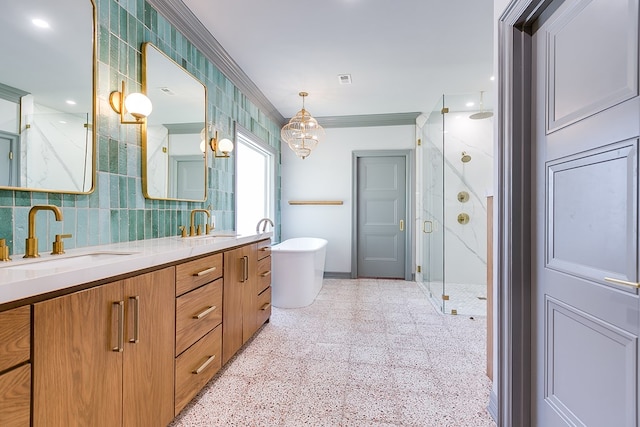 full bath with ornamental molding, a sink, a shower stall, and double vanity