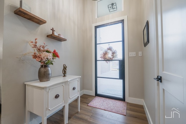 foyer entrance with baseboards and wood finished floors