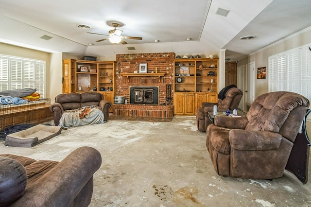 living room featuring lofted ceiling and ceiling fan