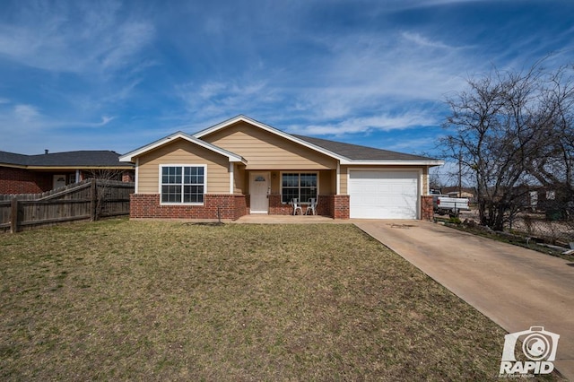 ranch-style home with fence, driveway, an attached garage, a front lawn, and brick siding