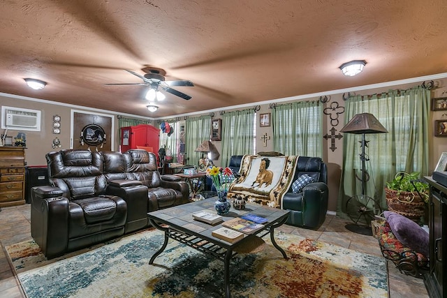 cinema with crown molding, ceiling fan, a wall mounted AC, and a textured ceiling