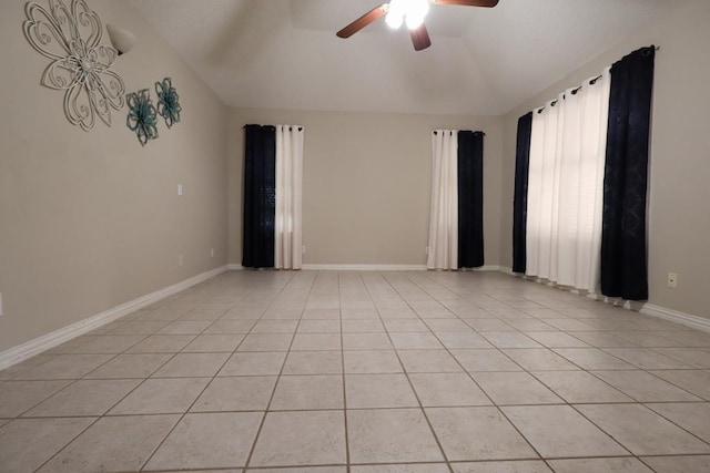 710 Penhurst Ct, San Angelo, TX 76901 - empty room featuring a ceiling fan, light tile patterned floors, lofted ceiling, and baseboards