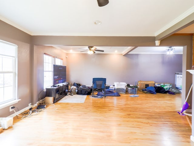 office area featuring a healthy amount of sunlight, hardwood / wood-style flooring, and ceiling fan