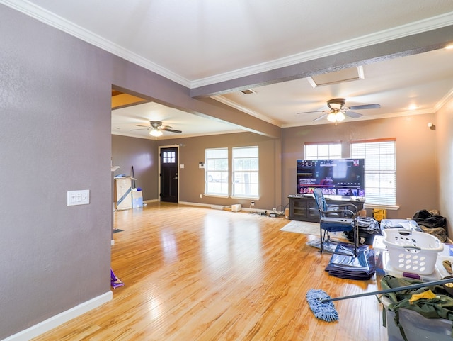 office featuring crown molding, ceiling fan, and hardwood / wood-style flooring