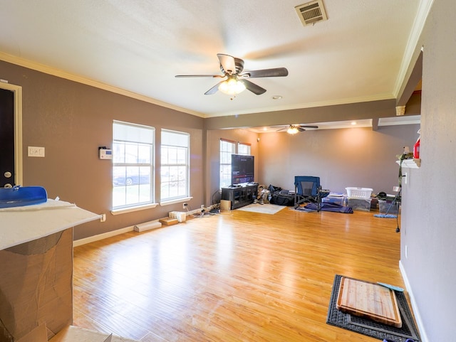 workout area with crown molding, ceiling fan, and hardwood / wood-style flooring