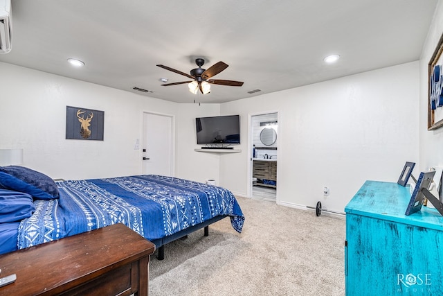 3610 Southland Blvd, San Angelo, TX 76904 - bedroom with carpet floors, recessed lighting, baseboards, ceiling fan, and connected bathroom