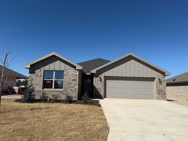 ranch-style house featuring a garage, board and batten siding, concrete driveway, and brick siding