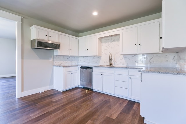 5001 Fm 2333, Bronte, TX 76933 - kitchen featuring stainless steel appliances, a sink, light stone countertops, white cabinets, and dark wood finished floors