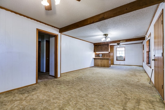 unfurnished living room featuring cooling unit, ceiling fan, light colored carpet, and a textured ceiling