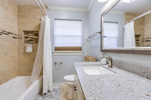 full bathroom with shower / bathtub combination with curtain, crown molding, vanity, tile patterned floors, and toilet