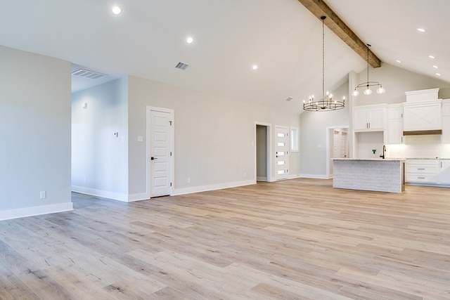 unfurnished living room with sink, beam ceiling, high vaulted ceiling, and light hardwood / wood-style floors