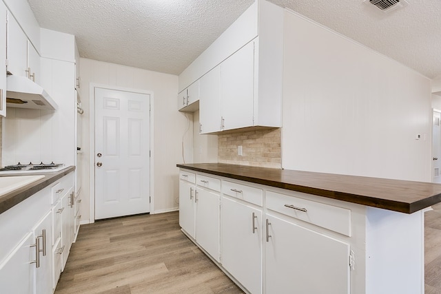 1809 N Harrison St, San Angelo, TX 76901 - kitchen featuring wood counters, a textured ceiling, under cabinet range hood, and light wood-style flooring