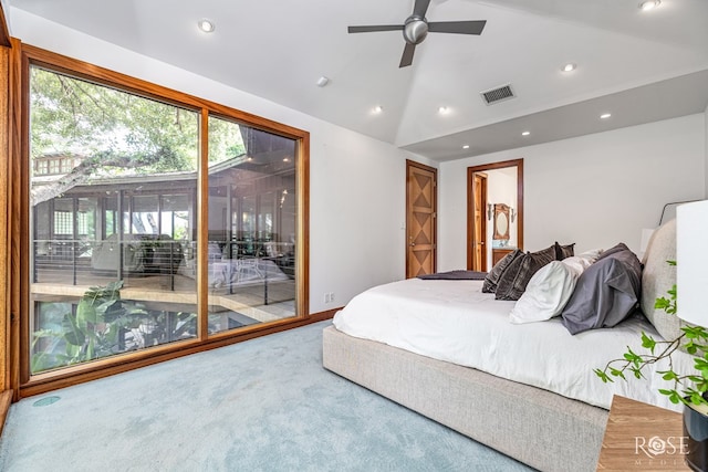 1703 Christoval Rd, San Angelo, TX 76903 - bedroom with access to exterior, carpet, recessed lighting, vaulted ceiling, and ceiling fan