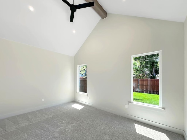 1603 Paseo De Vaca St, San Angelo, TX 76901 - carpeted empty room with a ceiling fan, beamed ceiling, high vaulted ceiling, and recessed lighting