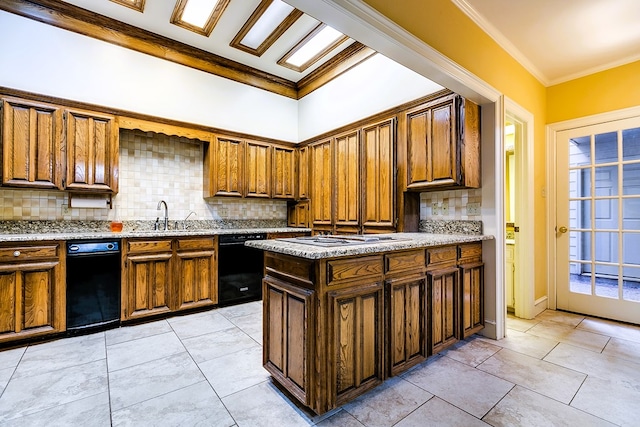 kitchen with sink, gas stovetop, tasteful backsplash, crown molding, and black dishwasher