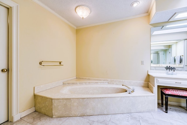 bathroom with ornamental molding, tile patterned flooring, a textured ceiling, and a tub