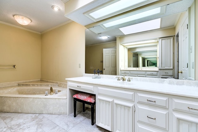 bathroom with crown molding, a skylight, a textured ceiling, vanity, and a bath