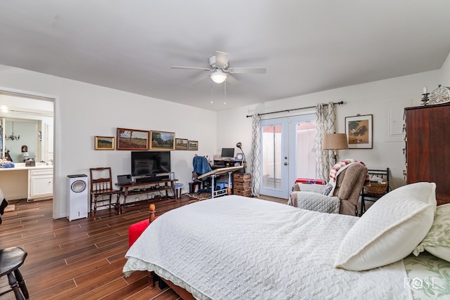 bedroom with ensuite bath, access to outside, ceiling fan, and french doors