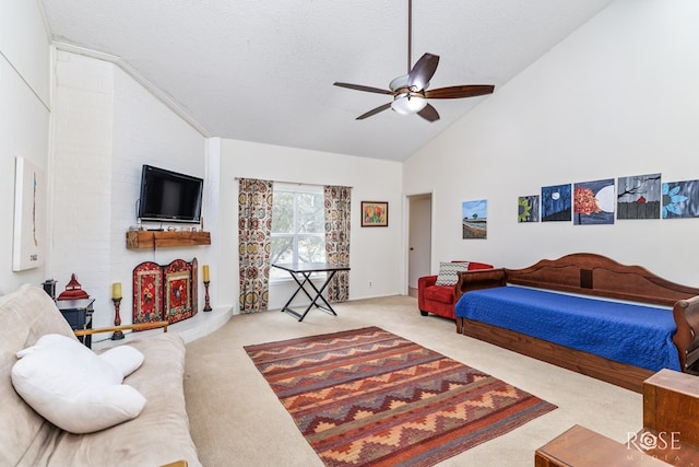 carpeted bedroom with high vaulted ceiling, a textured ceiling, and ceiling fan