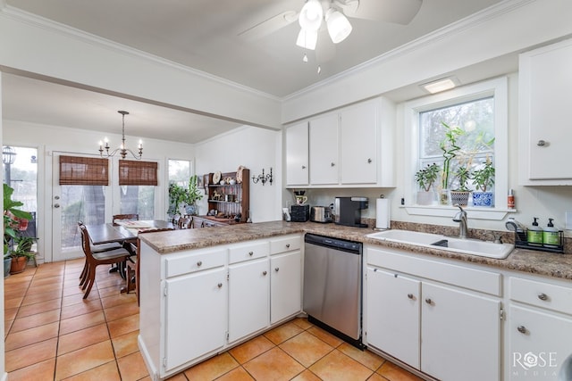 kitchen featuring white cabinetry, sink, kitchen peninsula, and dishwasher