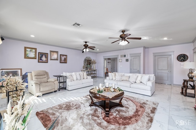 living room featuring ornamental molding and ceiling fan