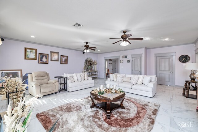 living area featuring recessed lighting, visible vents, baseboards, marble finish floor, and crown molding