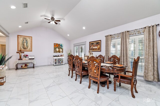 dining room with vaulted ceiling, marble finish floor, visible vents, and recessed lighting